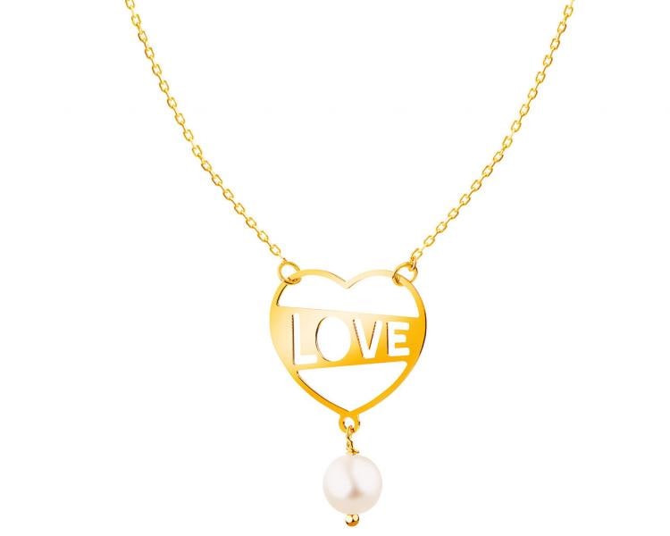 Złoty naszyjnik z perłą, ankier - serce, love