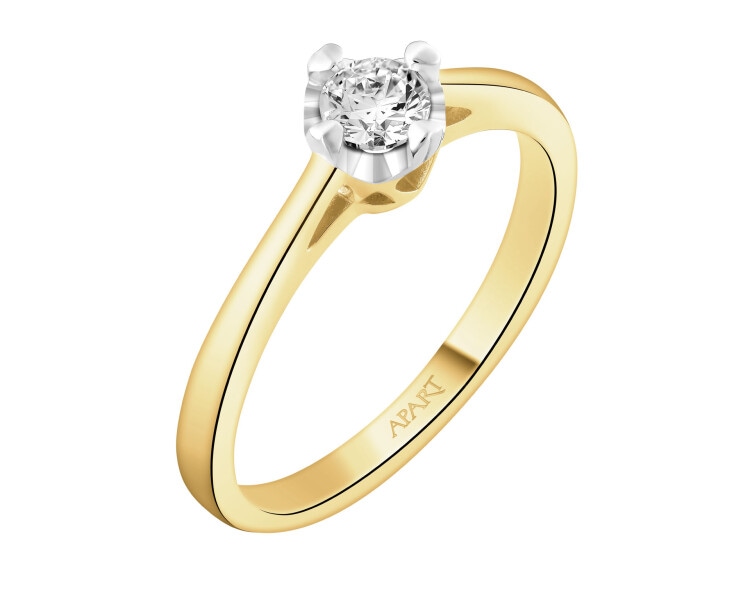 14 K Rhodium-Plated Yellow Gold Ring with Diamond - 0,23 ct - fineness 14 K