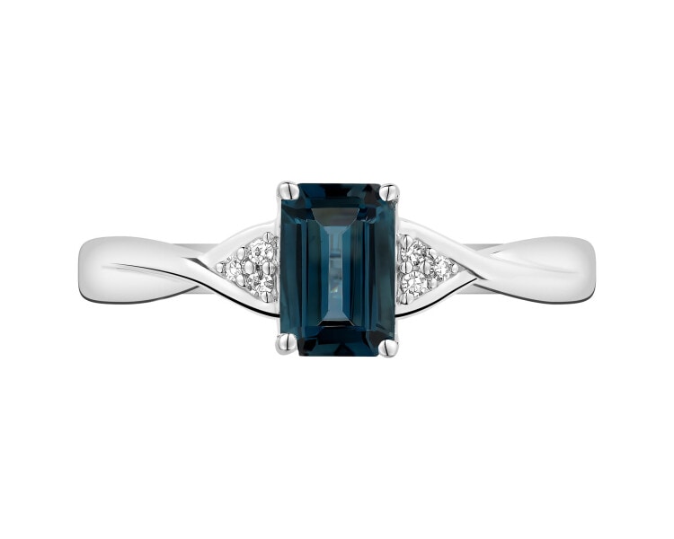 Pierścionek z białego złota z diamentami i topazem London Blue - próba 375