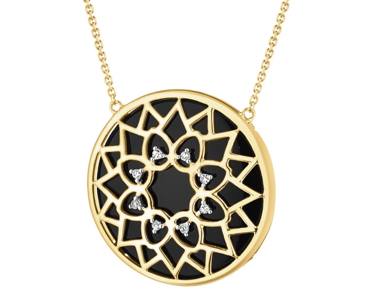 Naszyjnik z żółtego złota z diamentami i onyksem - rozeta - próba 585