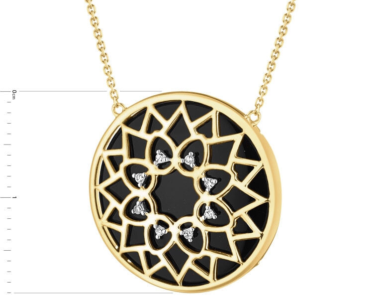 Naszyjnik z żółtego złota z diamentami i onyksem - rozeta - próba 585