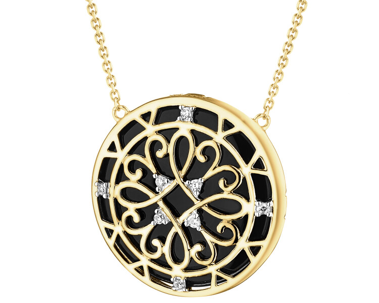 Naszyjnik z żółtego złota z diamentami i onyksem - rozeta - próba 585