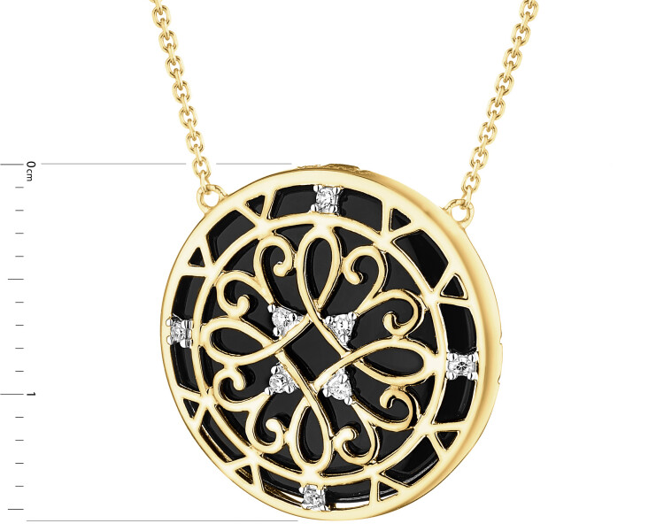 Naszyjnik z żółtego złota z diamentami i onyksem - rozeta - próba 585