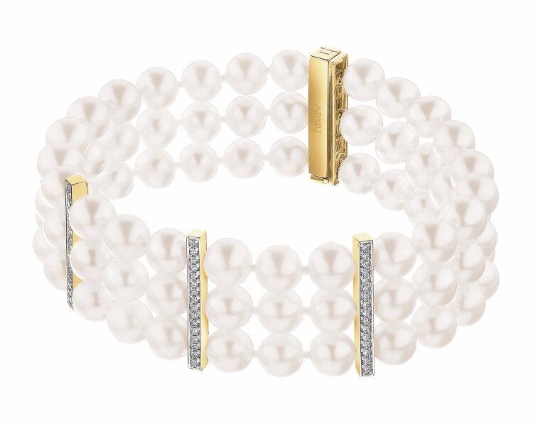 Bransoletka z perłami, brylantami i elementami żółtego złota - próba 585