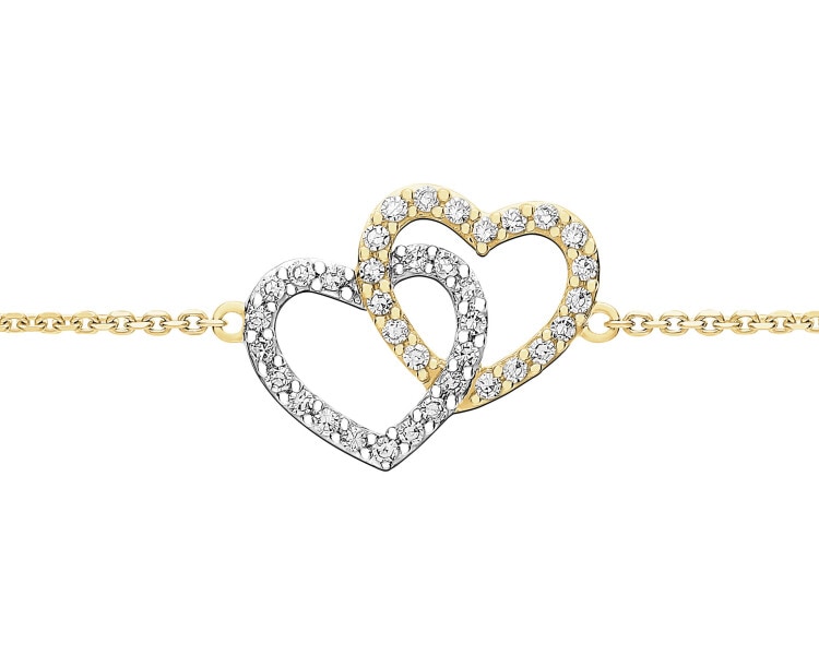 Bransoletka z żółtego złota diamentami - serca - 0,10 ct - próba 585