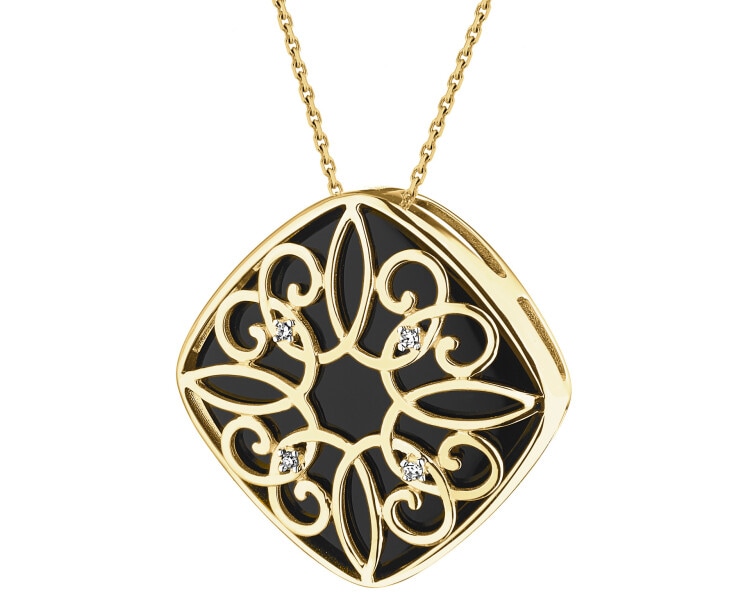 Gold pendant with diamonds and onyx - fineness 14 K
