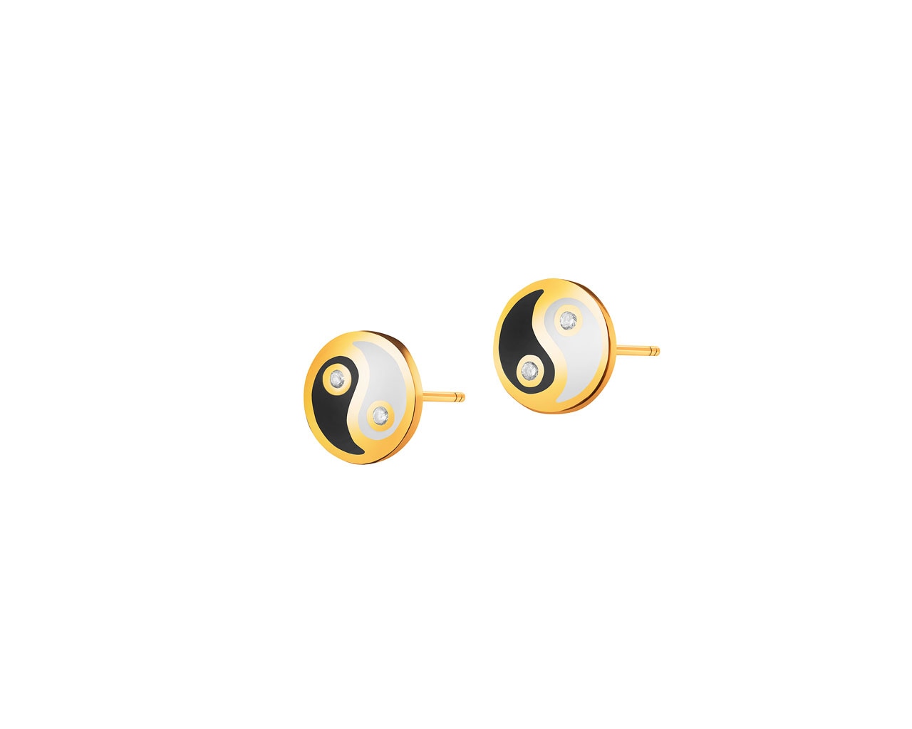 Złote kolczyki z cyrkoniami i emalią - yin yang