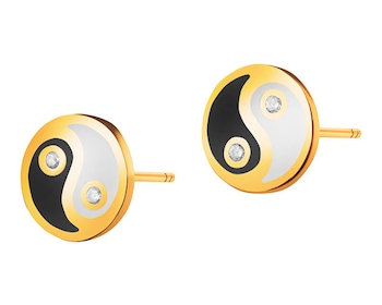 Złote kolczyki z cyrkoniami i emalią - yin yang
