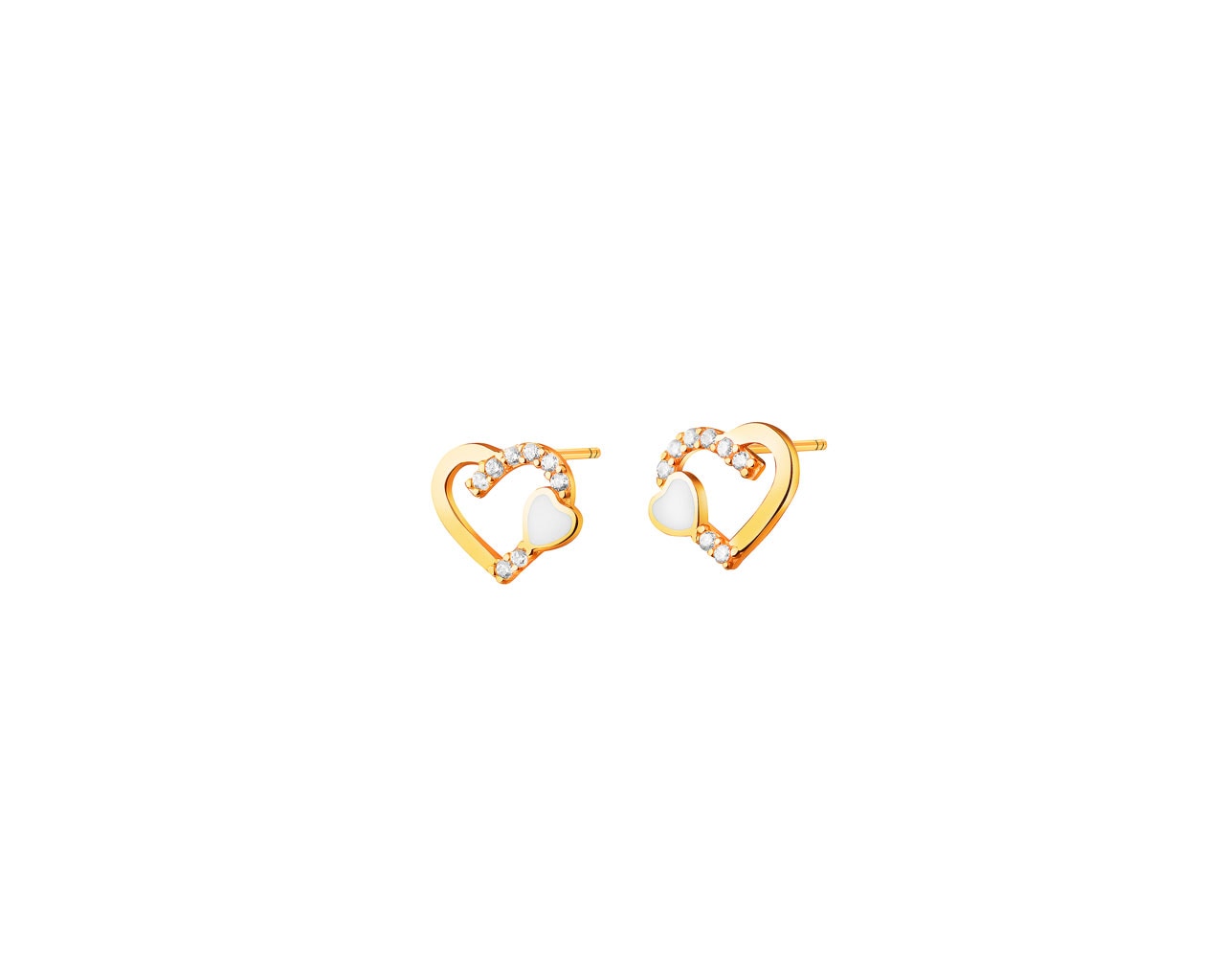 Złote kolczyki z cyrkoniami i emalią - serca