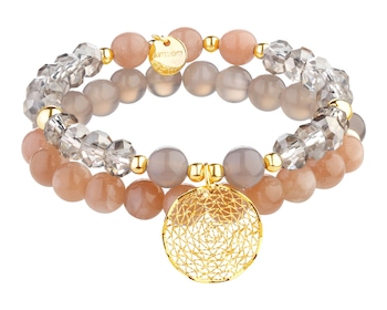 Gold plated brass bracelet with agates, sunstones and glass details - rosette