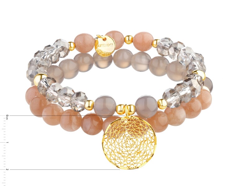 Gold plated brass bracelet with agates, sunstones and glass details - rosette