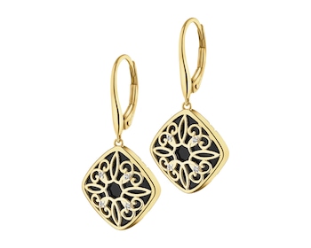 Kolczyki z żółtego złota z diamentami i onyksami - próba 375