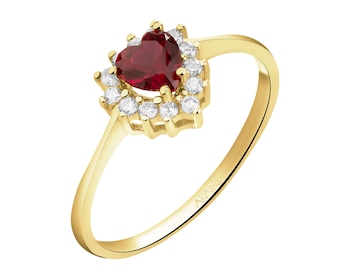 Złoty pierścionek z rubinem syntetycznym i cyrkoniami - serce