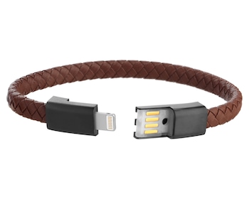 Náramek z ušlechtilé oceli a kůže s funkcí nabíjecího kabelu (USB-A/Lightning)