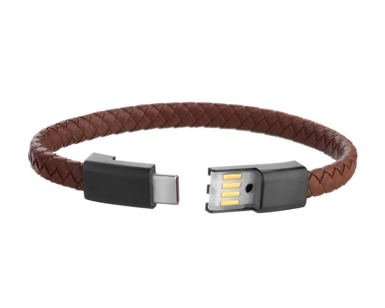 Náramek z ušlechtilé oceli a kůže s funkcí nabíjecího kabelu (USB-A/USB-C)