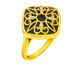 Gold ring with diamonds and onyx - fineness 14 K