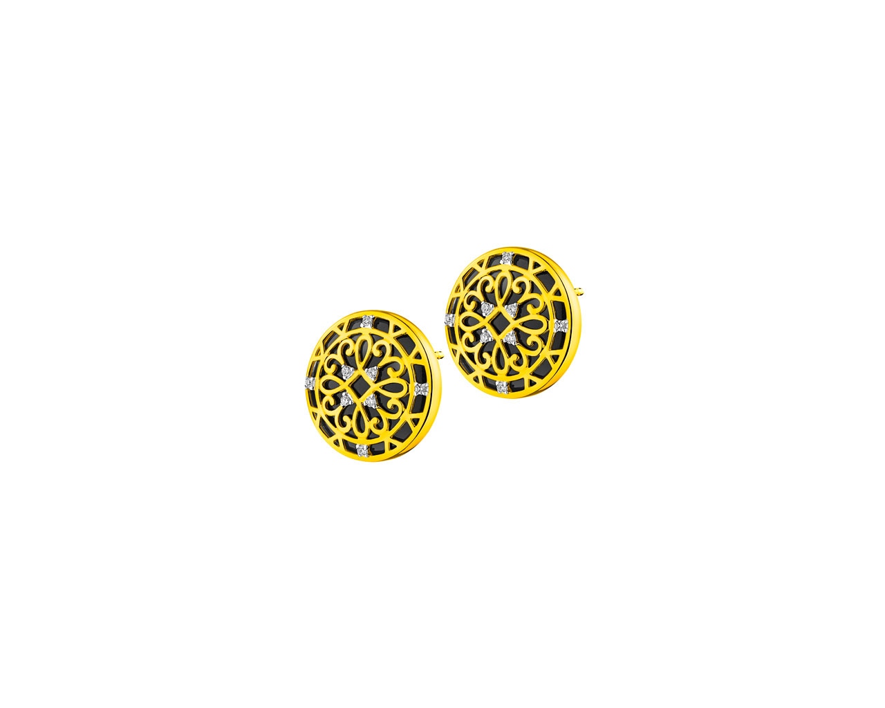 Kolczyki z żółtego złota z diamentami i onyksami - rozety 0,04 ct - próba 585