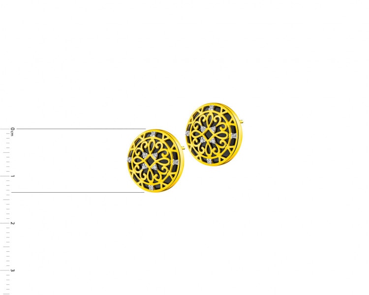 Kolczyki z żółtego złota z diamentami i onyksami - rozety 0,04 ct - próba 585
