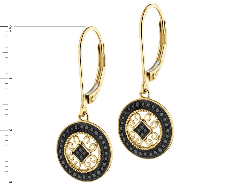 Zlaté náušnice s diamanty černými, upravený - rozety - 0,18 ct - ryzost 585