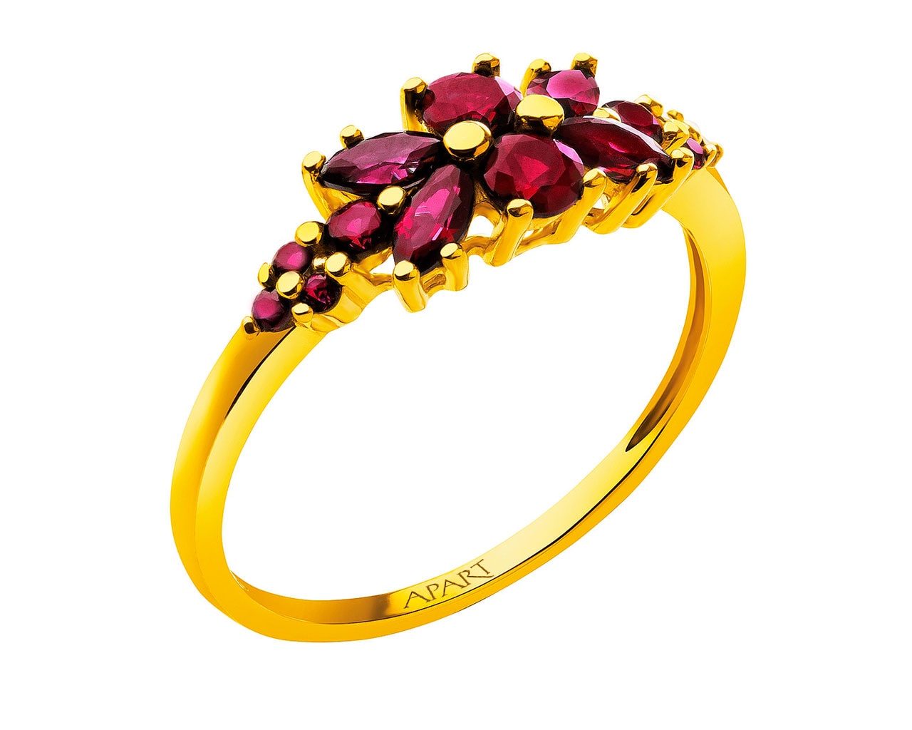 Złoty pierścionek z rubinami syntetycznymi