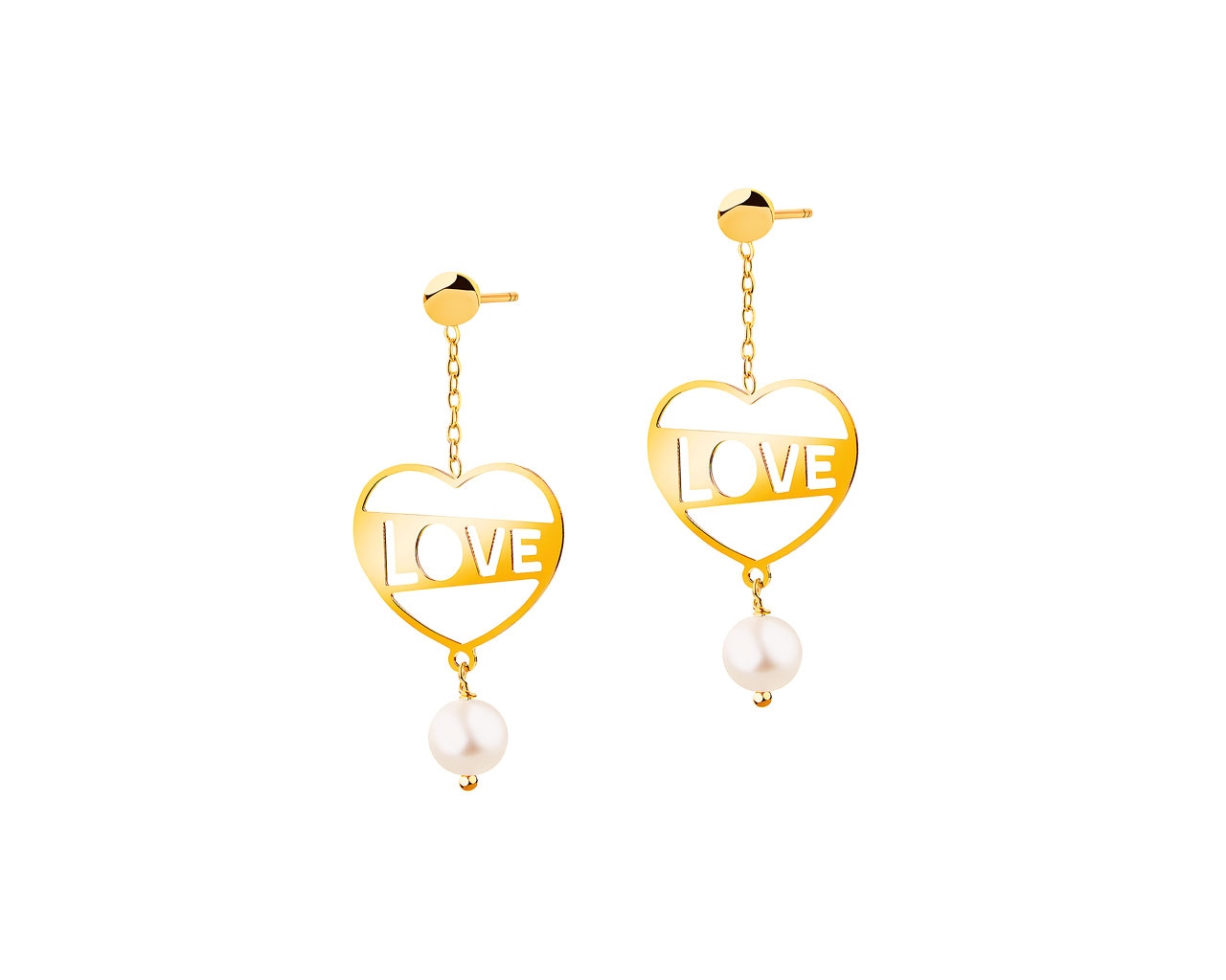 Złote kolczyki z perłami, ankier - serce, love