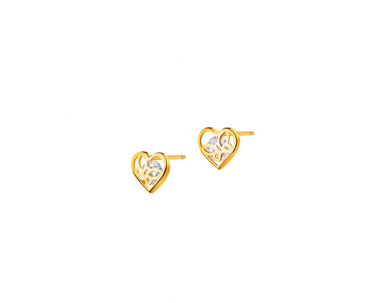 Złote kolczyki z cyrkoniami - serca, motyle
