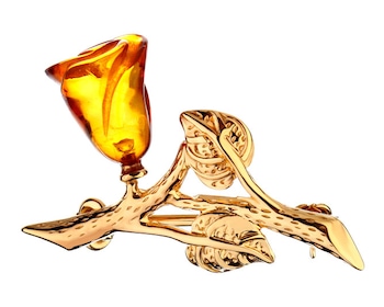 Silver brooch with amber - rose
