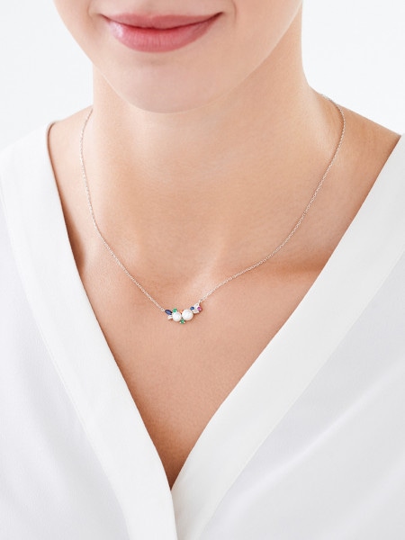 Stříbrný náhrdelník s perlami a zirkony - listy