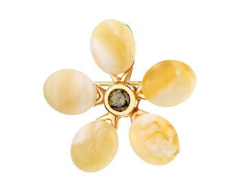 Brooch - silver pendant with amber and zircon - flower