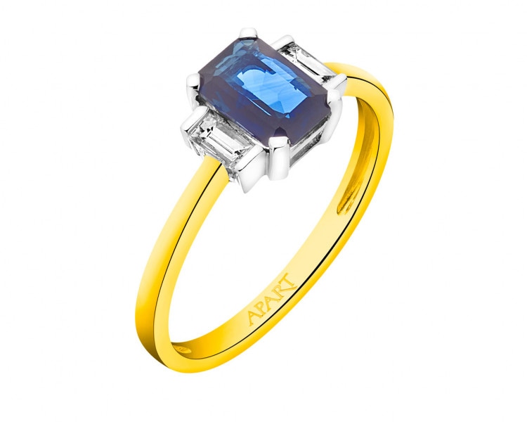 Yellow and white gold ring with diamonds and sapphire - fineness 14 K