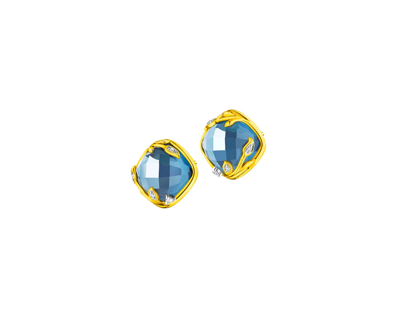 Kolczyki z żółtego złota z diamentami i topazem (London Blue) - próba 585