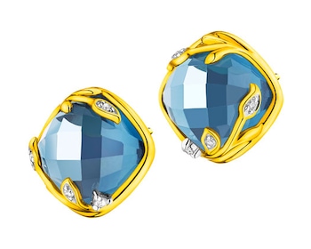 Zlaté náušnice s diamanty a topazem (London Blue) 0,02 ct - ryzost 585