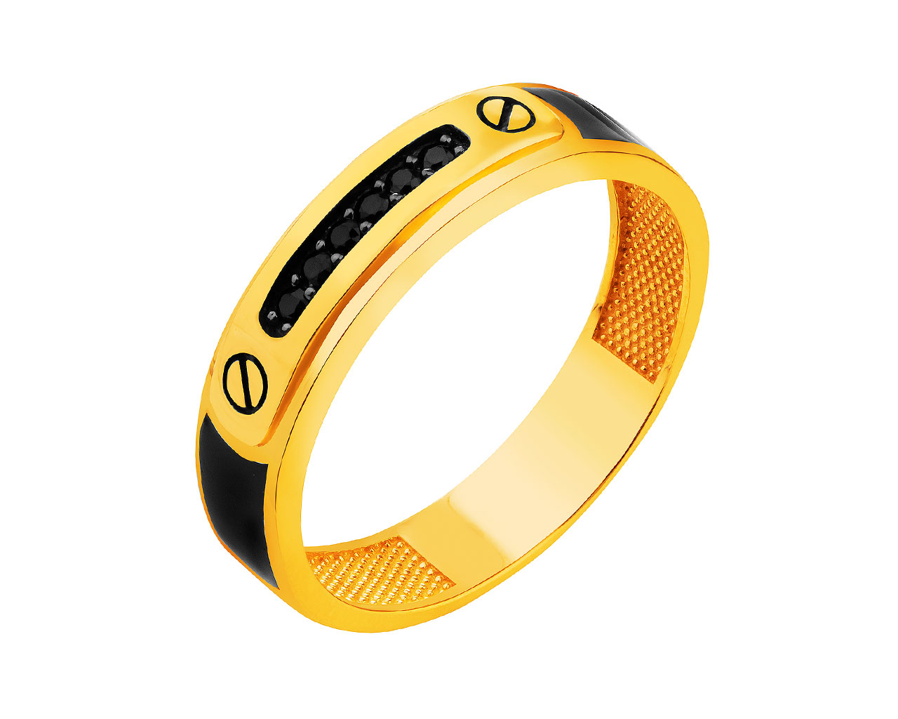 Złoty pierścionek z cyrkoniami i emalią - sygnet