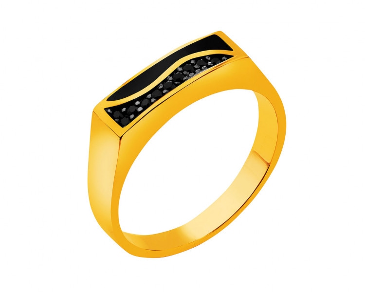 Złoty pierścionek z cyrkoniami i emalią  - sygnet