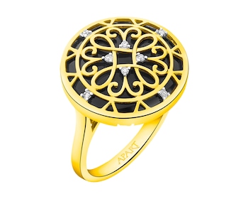 Gold ring with diamonds and onyx - rosette 0,02 ct - fineness 14 K