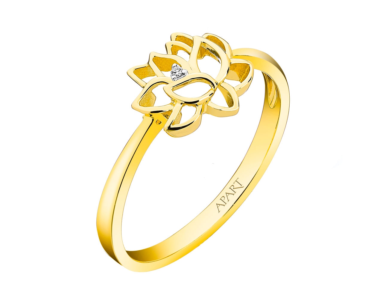 Pierścionek z żółtego złota z diamentem - kwiat lotosu 0,004 ct - próba 375