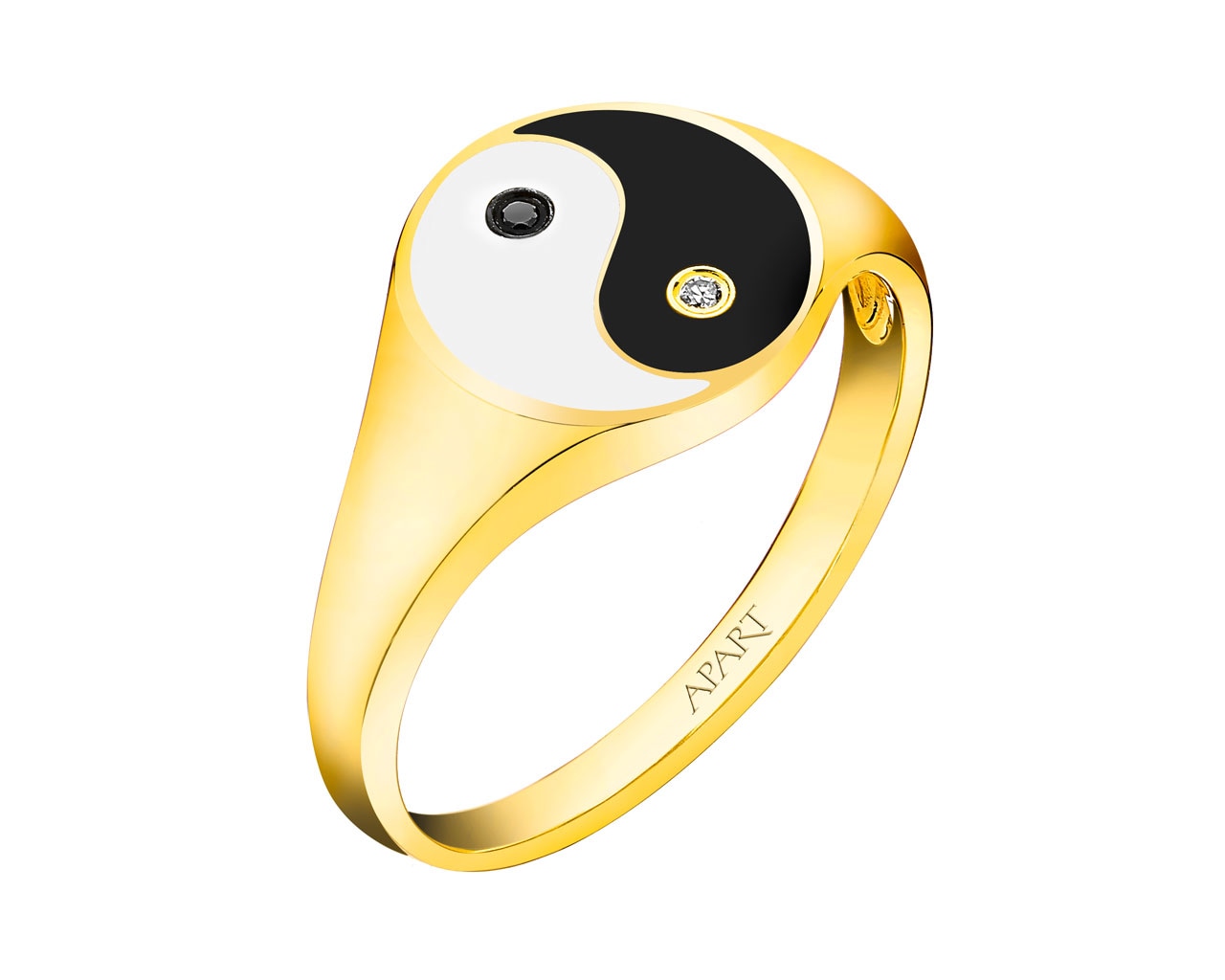 Pierścionek z żółtego złota z diamentami i emalią - sygnet - yin yang - próba 375