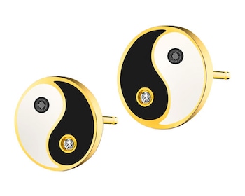 Kolczyki z żółtego złota z diamentami i emalią - yin yang - próba 375