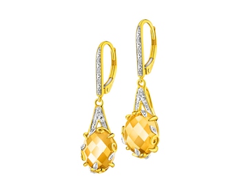 Gold earrings with diamonds and citrine - leaves 0,07 ct - fineness 14 K