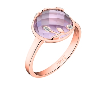 Prsten z růžového zlata s diamanty a ametystem - listy 0,01 ct - ryzost 585