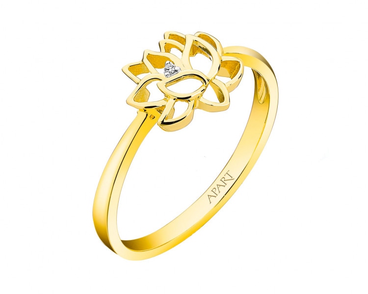 Pierścionek z żółtego złota z diamentem - kwiat lotosu 0,004 ct - próba 585