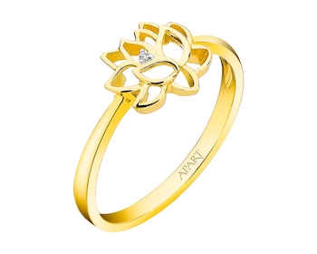 Pierścionek z żółtego złota z diamentem - kwiat lotosu 0,004 ct - próba 585