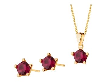 Golden earrings and a pendant with synthetic ruby, ankier chain - set