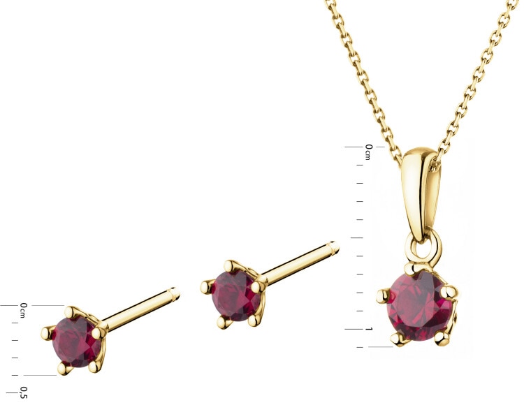 Zlaté náušnice a přívěsek se syntetickým rubínem, řetízek anker - souprava
