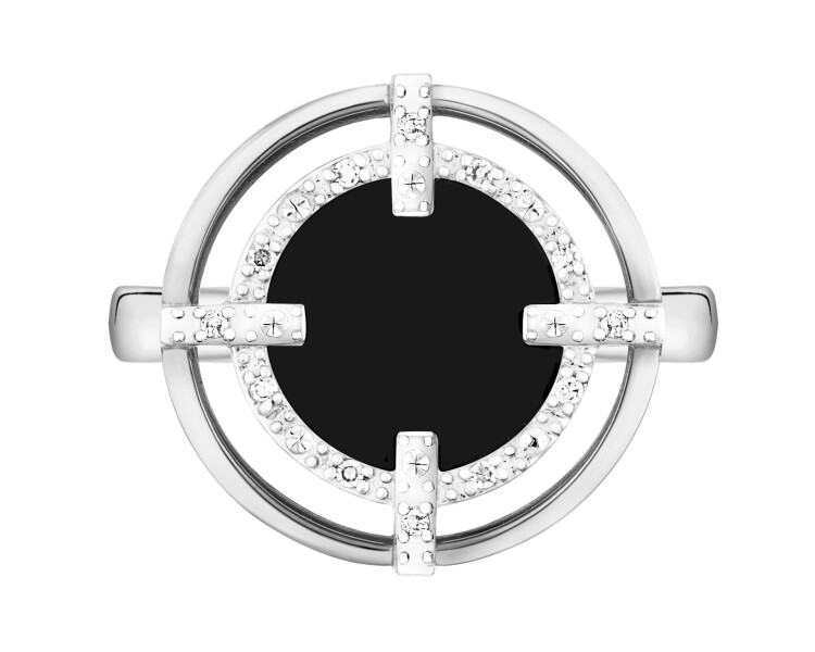 Prsten z bílého zlata s diamanty a onyxem - ryzost 585