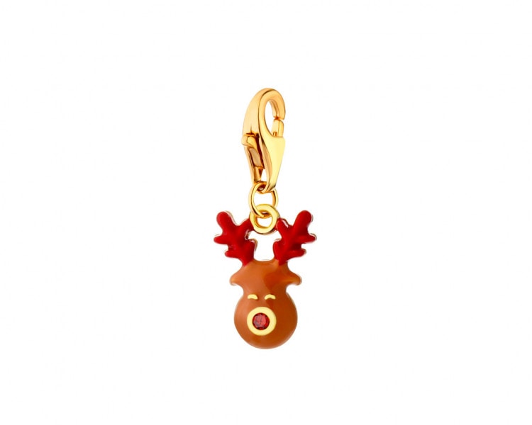 Gold-plated silver charms  pendant with zircon and enamel - reindeer