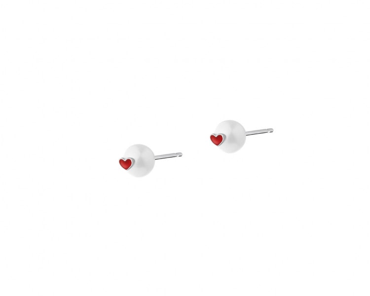 Silver earrings with pearls and enamel - hearts