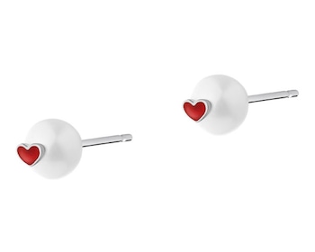 Silver earrings with pearls and enamel - hearts