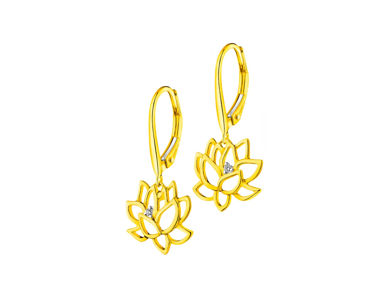 Kolczyki z żółtego złota z brylantami - kwiat lotosu 0,01 ct - próba 375