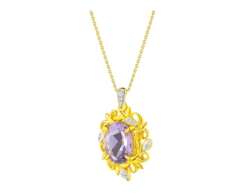 Gold pendant with diamonds and amethyst - leaves 0,03 ct - fineness 14 K